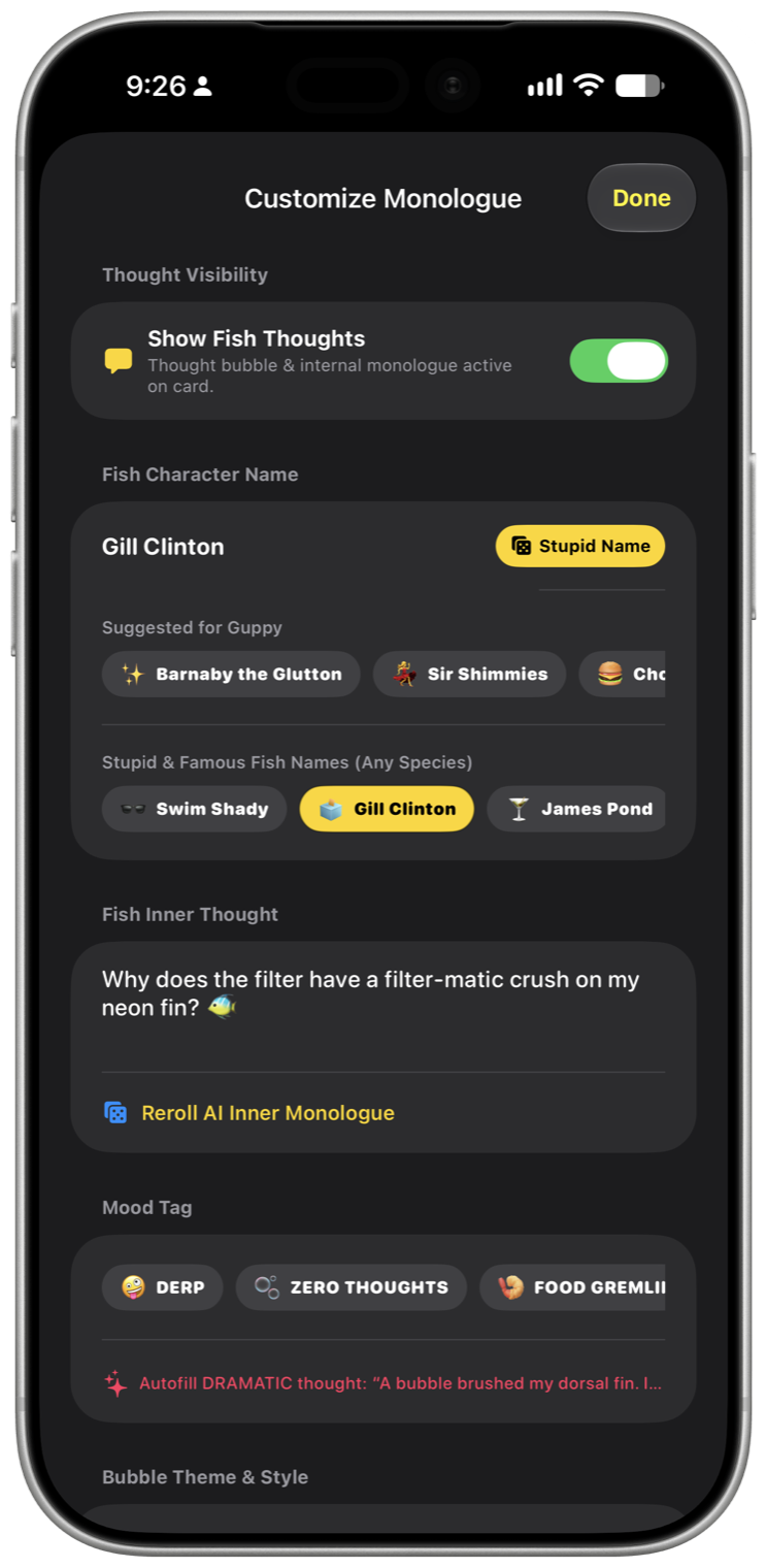 SimpFish Monologue Editor showing Gill Clinton, Stupid Name and Famous Name dice buttons, 15 mood tags, and quick presets